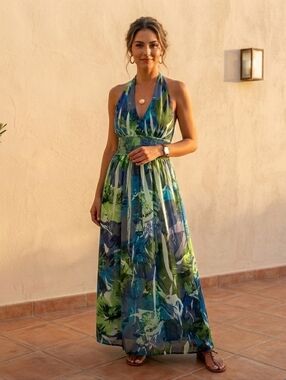 Y2K Dots Green Blue Halter Backless Maxi Dress Party Boho Summer Sexy Sz L